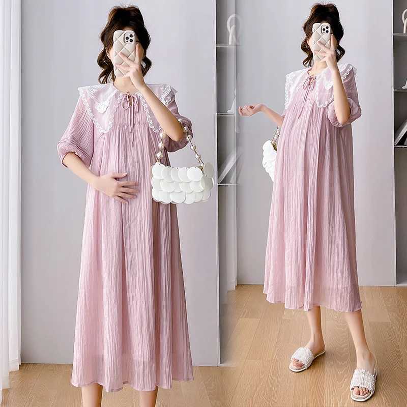 2024 Long Loose Materni Summer Dress Pink Puff Sleeve Sweet Lace Peter Pan Collar Pregnant Woman Chiffon Dress Holiday ClothesXJ241213