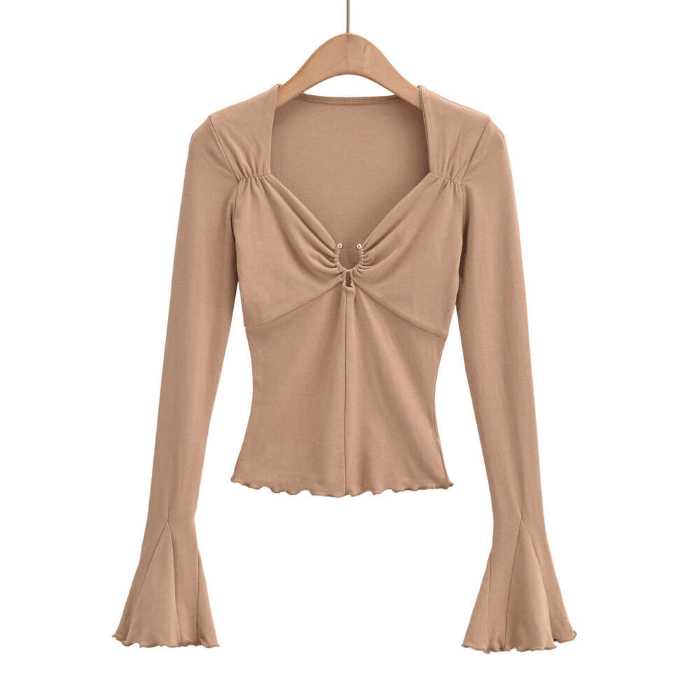 spicy girl sexy leak collarbone square neck metal ring hollow long sleeved T-shirt for women autumn trumpet sleeves slim fit base shirt 2024 temperame