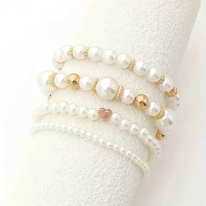 New 4 Pcs/Set imitation Pearl Beaded Bracelets Set for Women Fashion Gold Color Heart Big Pearl Bracelet Tren Jewelry GiftsXJ241214