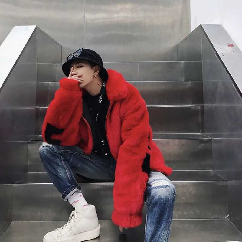 Winter coat new mens fur jacket imitates mink fur loose letter coat zipper pocket lapel thick cotton jacket top W241213