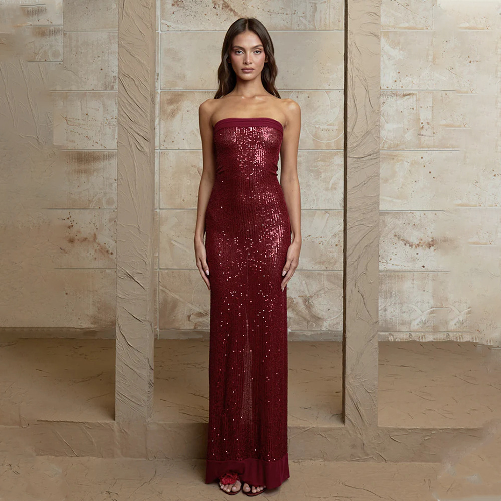 Designer Dress Fashionable And Sexy Spicy Girl Slim Fit Sequins High-end New Product Popular Backless Slit Strapless Dress