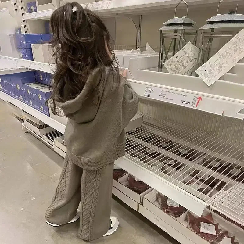 Childrens Sets Girls Spring Autumn Korean Casual Sweater Versatile Hooded Knitting Coat Two Piece Set Soild Elastic Waist 241213