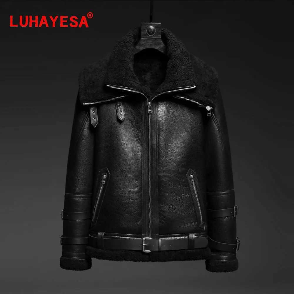 Double neck thick leather sheepskin jacket natural wool coat winter mens warm fur clothing W241213