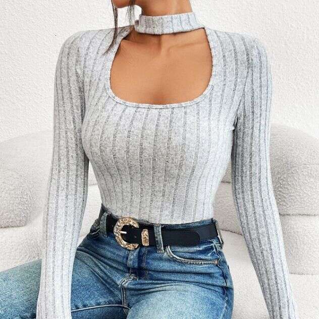 European American style 2023 autumn new item, high-end and personalized neck, U-neck, long sleeved, pit stripe, fleece knit T-shirt for women