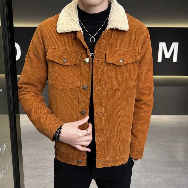 Casual 2024 Autumn Mens Thicken Corduroy Fleece Jackets Outwear Solid Color Warm Plush Coat Slim Fit Lamb Fur Top Padded Parkas W241213