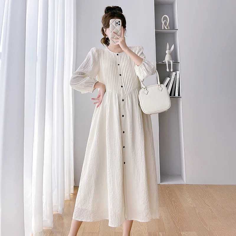 2025 spring materni fashion loose dress long sleeve o-neck plus size pregnant woman a-line dress button fly pregnancy clothesXJ241213