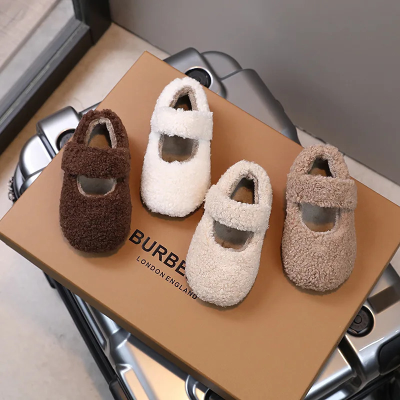 Autumn Winter Children Furry Shoes Fashion Warm Kids Princess Shoes Korean Style Shallow Girls Shoe Cover Toe Plush Flat Shoes 241213