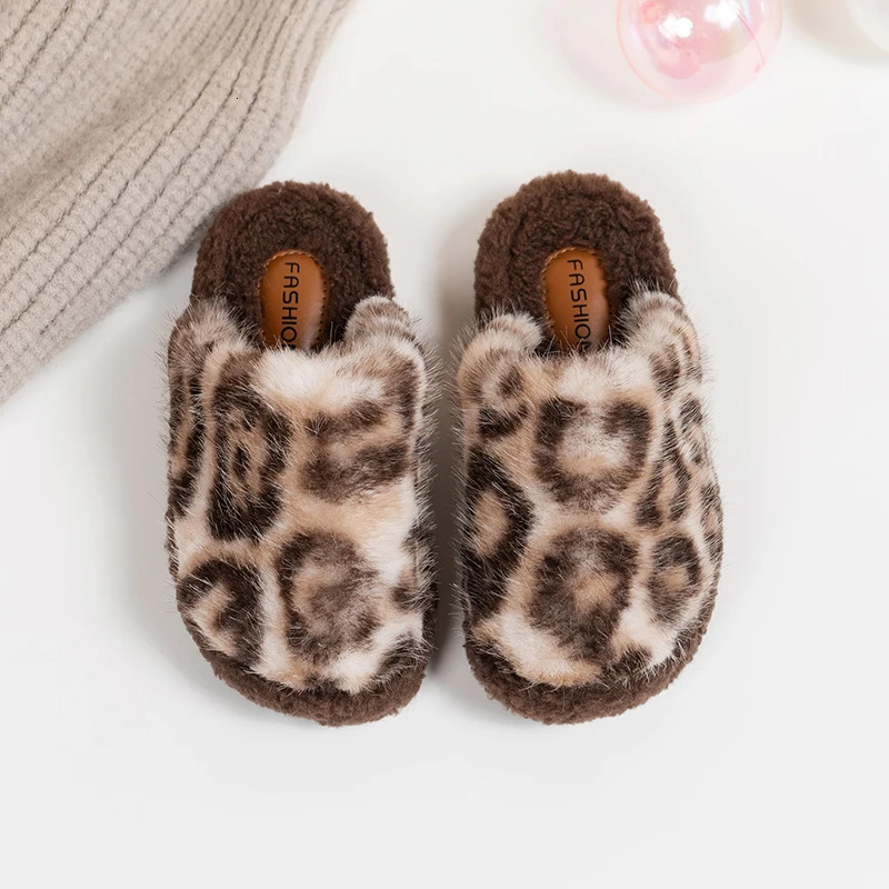 Winter Children Slippers Leopard Home Leisure Cover Toe Kids Sliders Warm Beige Apricot Slip-on Fashion Boys Girls Shoes 26-36 241213