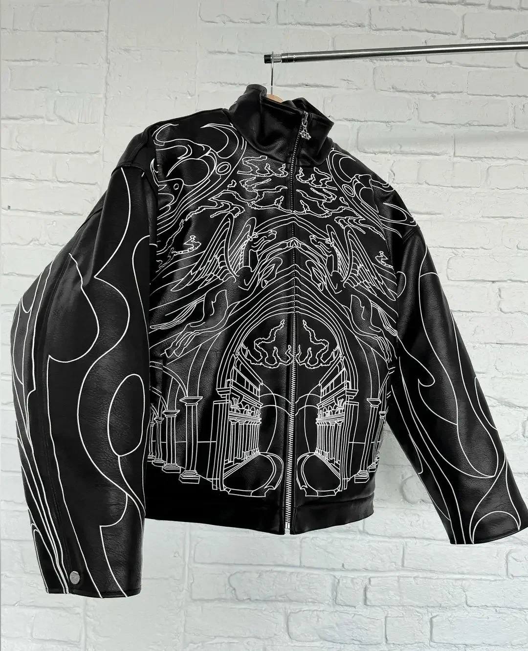 Gothic retro fashion black leather jacket oversized line pattern mens Y2K Harajuku punk long sleeved zipper clothing 241210