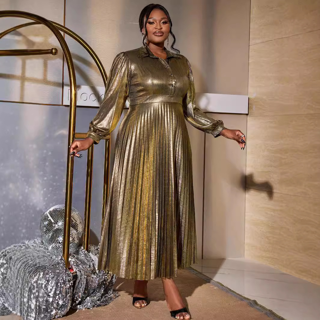 Designer's Light Luxury Gold Shirt Collar Long Sleeved Comfortable Pleated Skirt Party Date Birthday Party Outfit Plus Size Dress