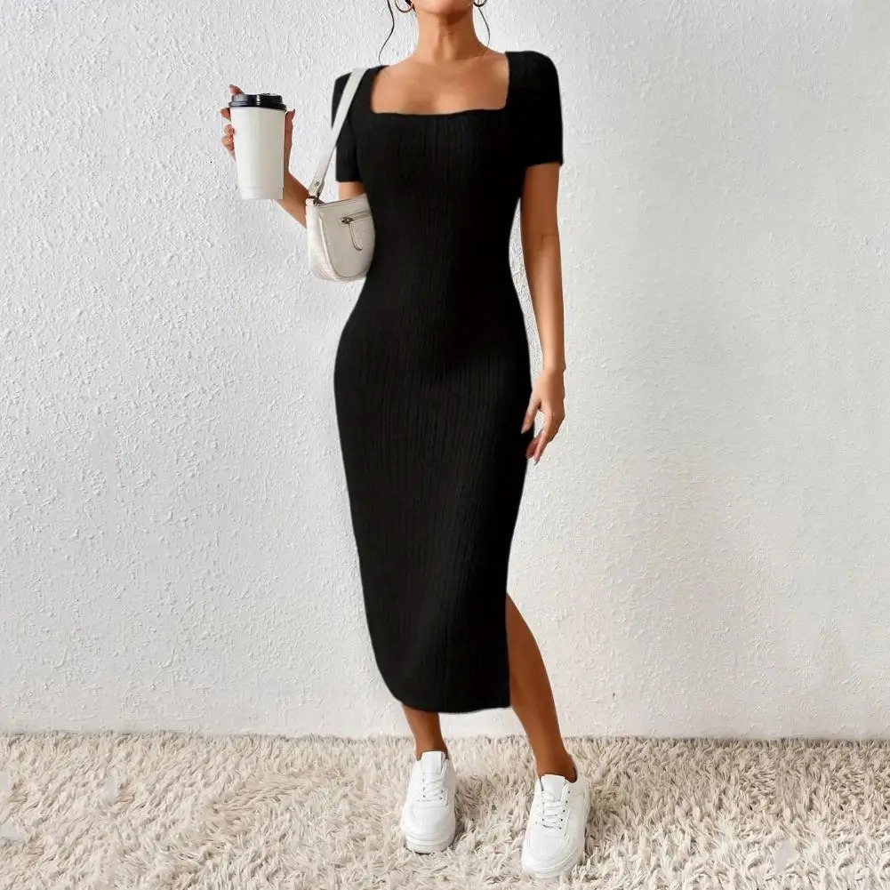 Womens summer dress split hem knitted elastic long sleeved party commuting casual Ins style Midi 241212