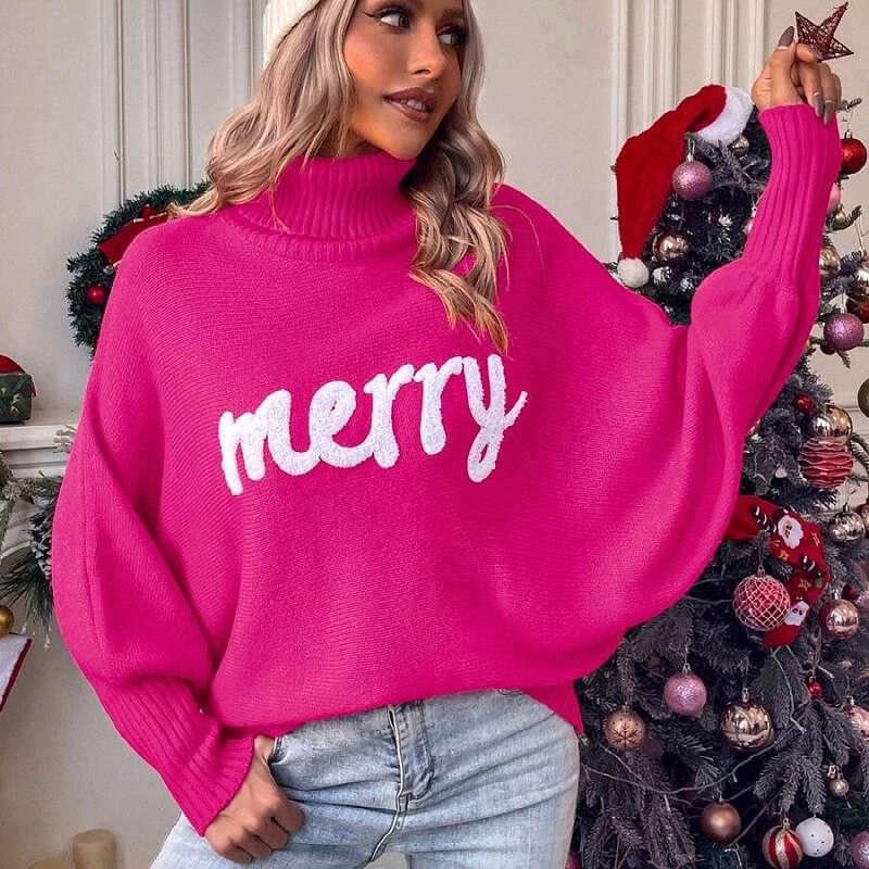 Processing custom European and American foreign trade women's Christmas sweaters, fashionable loose fitting high neck knitted sweaters for women