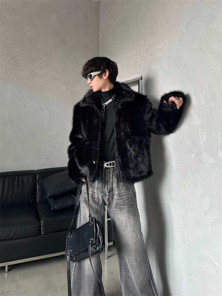 Fashionable mink short jacket loose high-end retro faux fur mens 2024 autumn new item vertical collar black long sleeved fashionable jacket top W24121