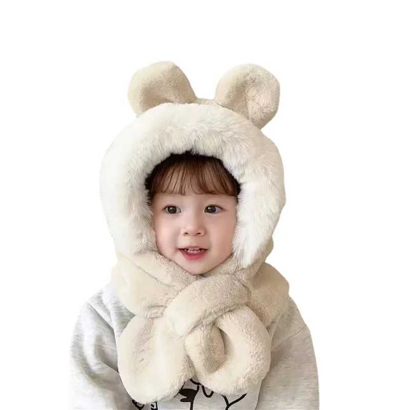 Winter Warm Single piece Childrens Plush Cute Bear Ears Baby Hoodie Girl Ear Protection Hat Windproof Beanies W241213