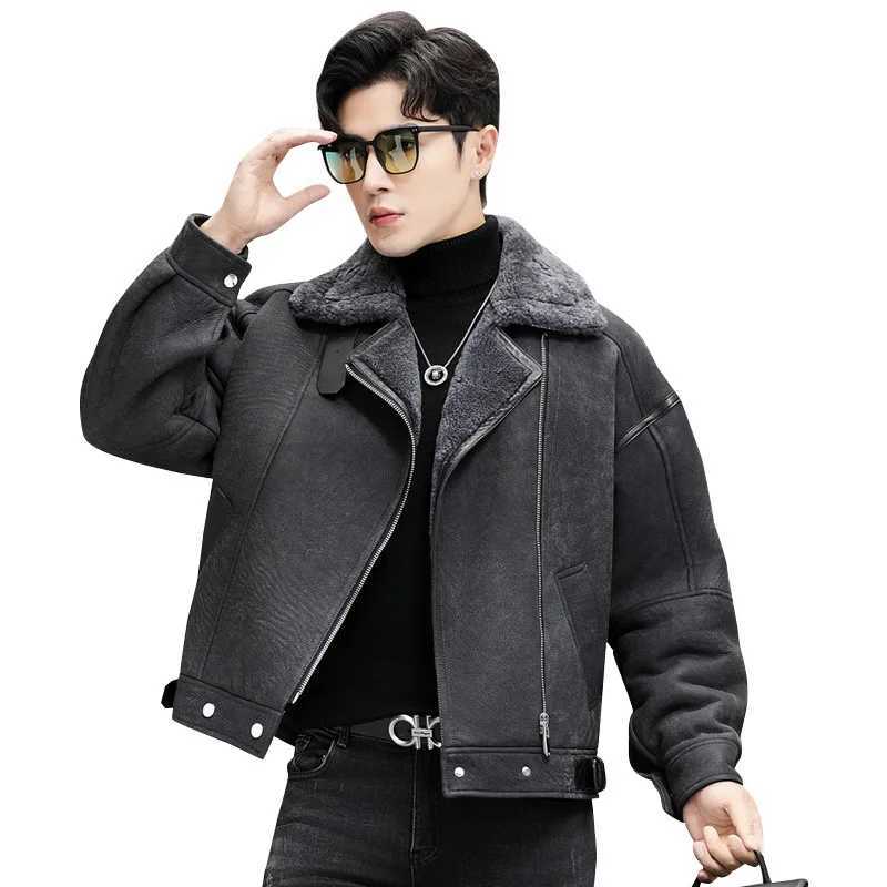 Tcyeek natural sheepskin coat mens motorcycle jacket winter wool real fur coat mens retro leather jacket loose W241213