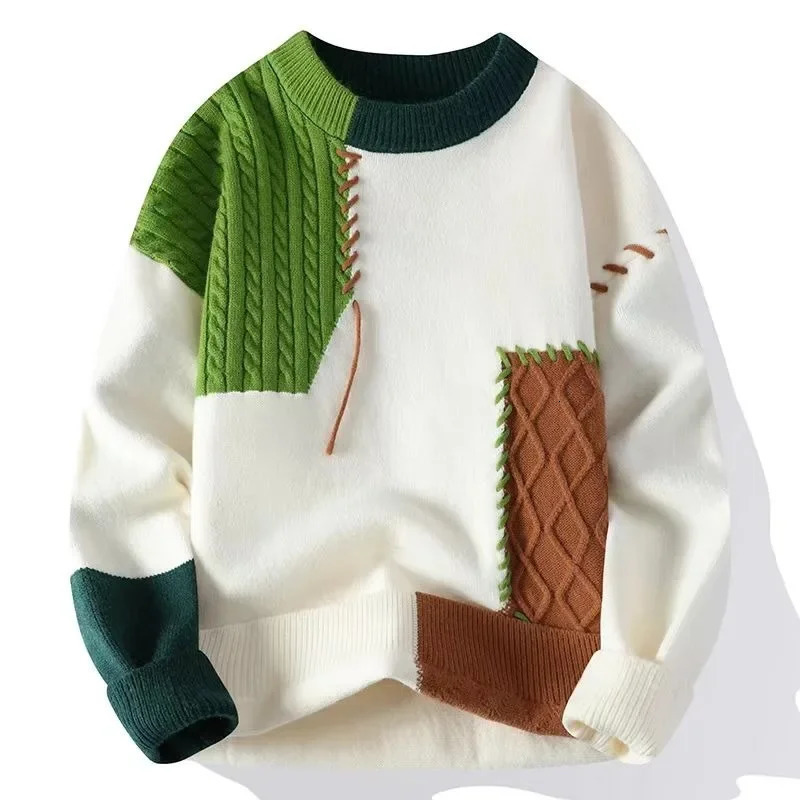 Mens Thickened Korean Style Color Block Sweater Trendy Autumn Winter Knitted Top Casual Teenager Student Base Layer Clothes 241213