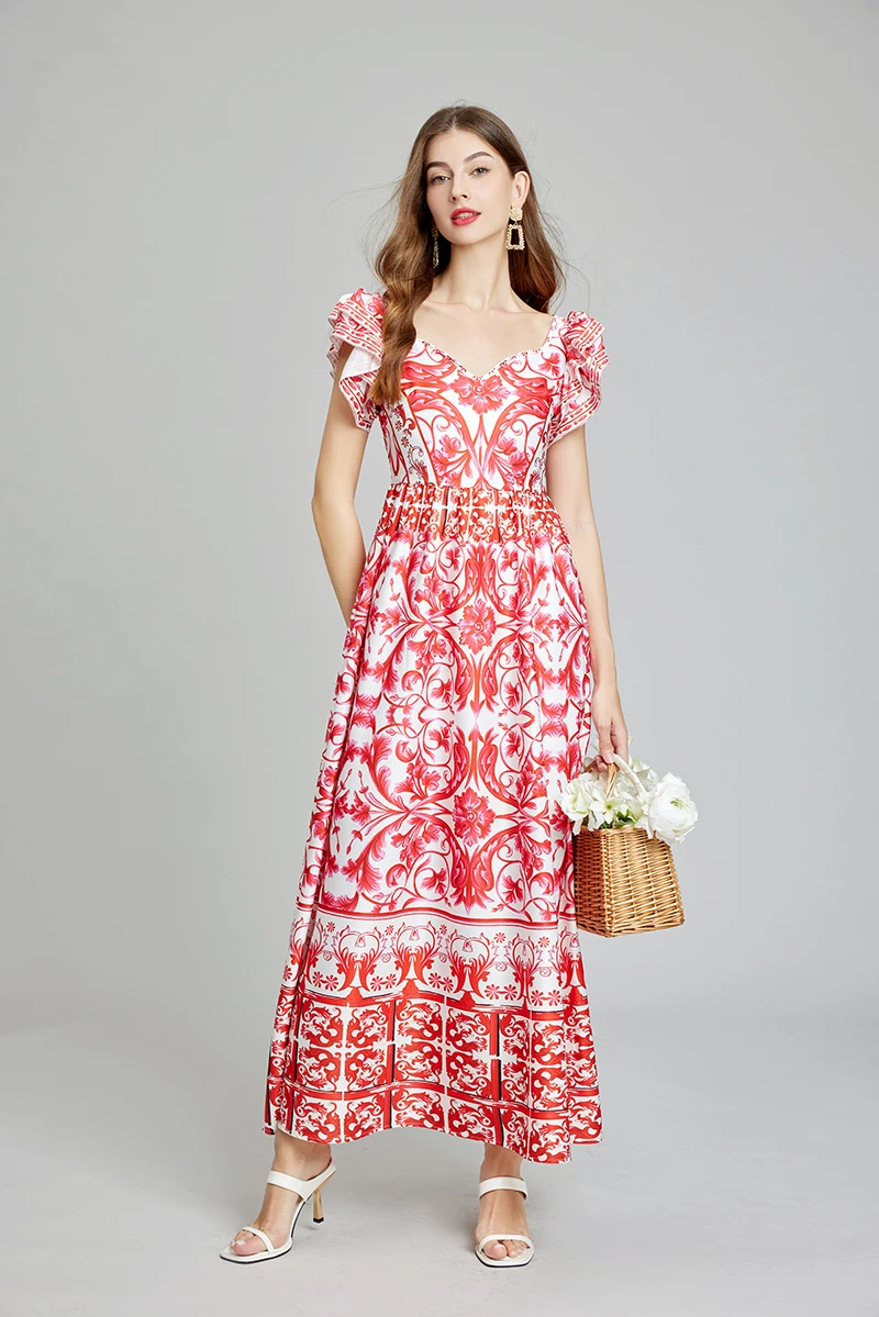 New Casual Summer Runway Summer Holiday Floral Maxi Dress Women Red White Porcelain Flare Ruffle Sleeve A Line Big Hem Long Beach Dresses 2025