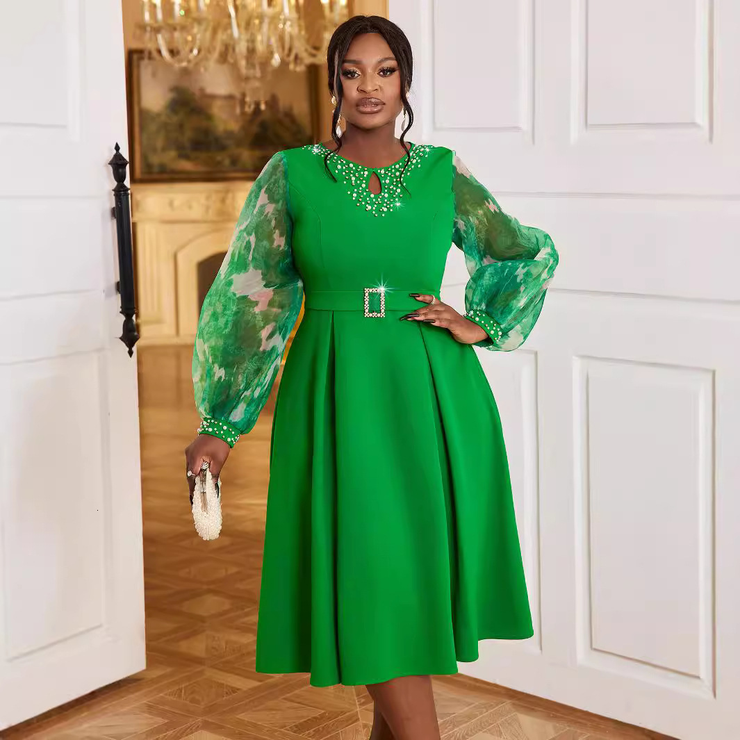 Bestselling Designer Lantern Long Sleeved Elegant Dress Party Nail Bead High Waist Plus Size Dress Dress