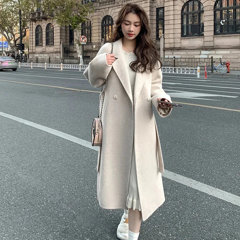 Black Double sided wool Coat Womens Autumn Winter Korean version Loose Lace up Woolen Coats Female Slim Long Overcoat 241214