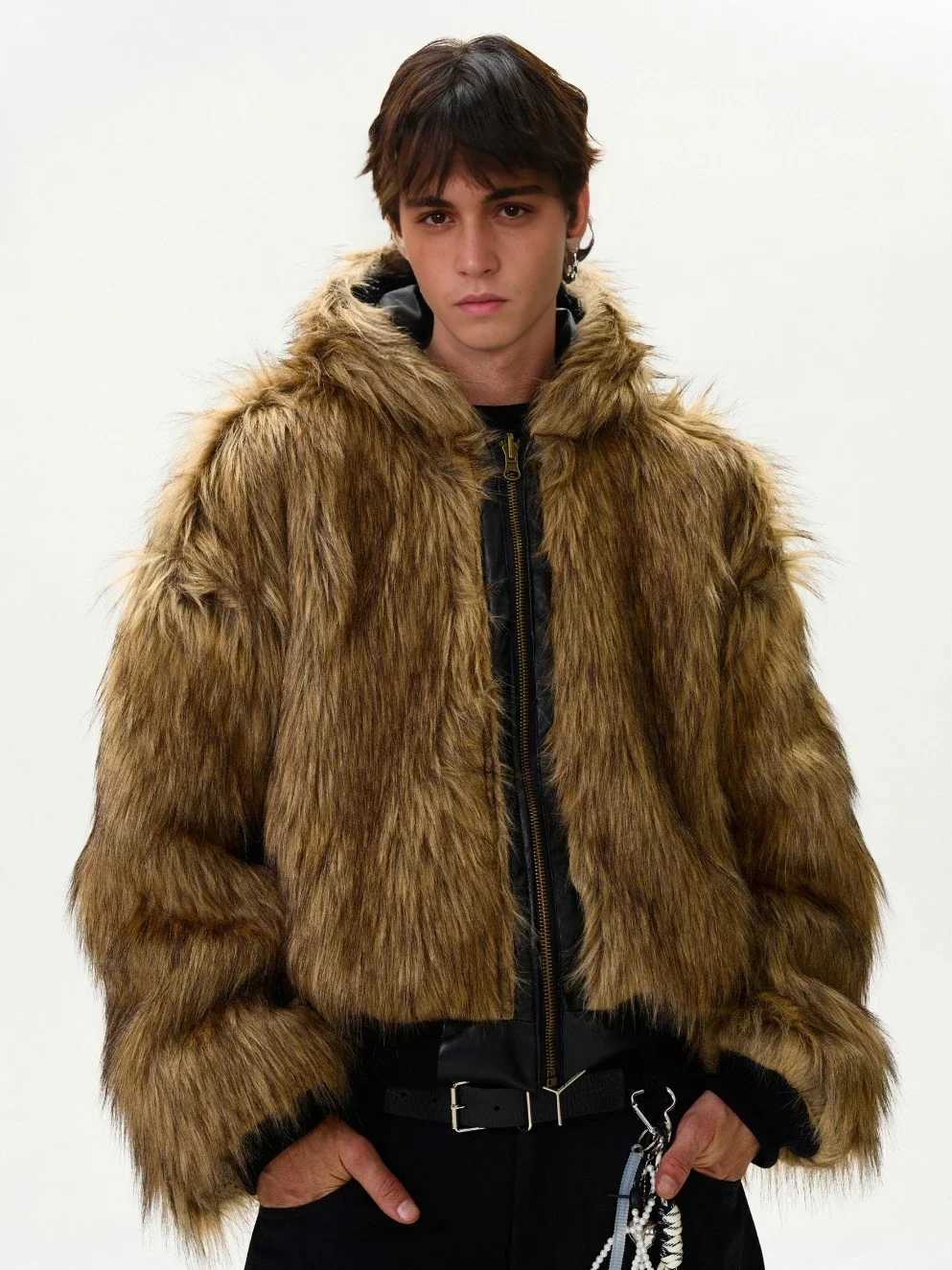 Tung Sung Short Hooded Faux Fur Cotton Coats Trendy Vintage Casual Reversible Coat Fur Integrated Hooded Silhouette Jacket Men W241213