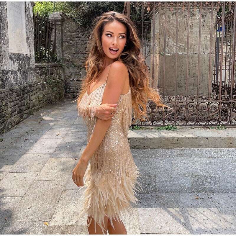 Fashionable Tassel Sequin Multi-Color Birthday Party Sexy V-Neck Suspender Feather Patchwork Dress
