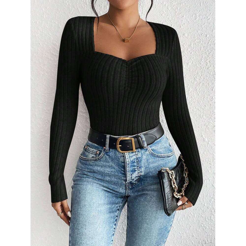 Women's 2023 Autumn/Winter New Front Fold Slim Knitted Base T-shirt