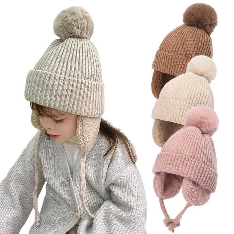Winter baby hat with fluffy beans wool plush lining with ear cushions baby knitted hat suitable for girls boys and warm children accessories 2-6Y W241