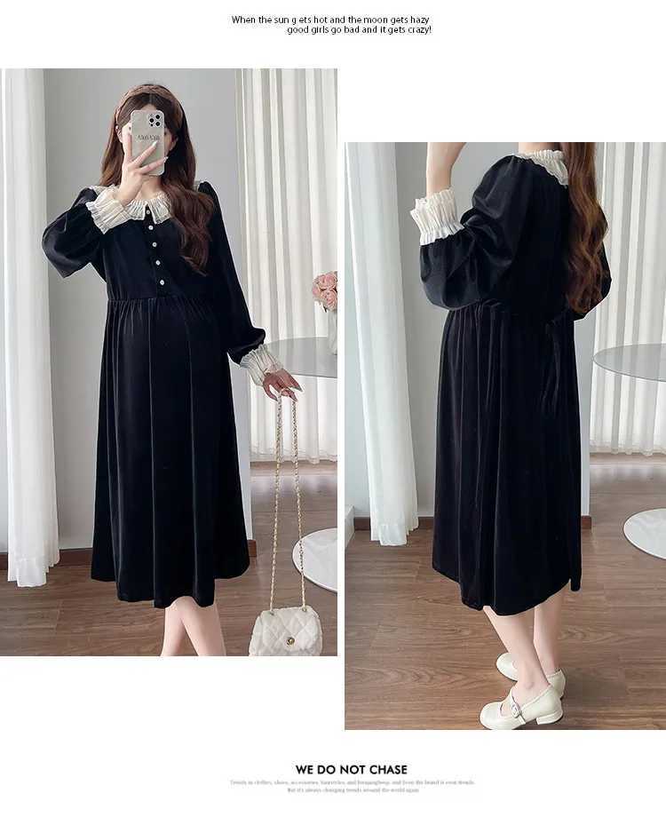 2025 Spring Materni Vintage Velvet Dresses French Sle Long Sleeve Lace Patchwork Pregnant Woman Black Par Dress ElegantXJ241213