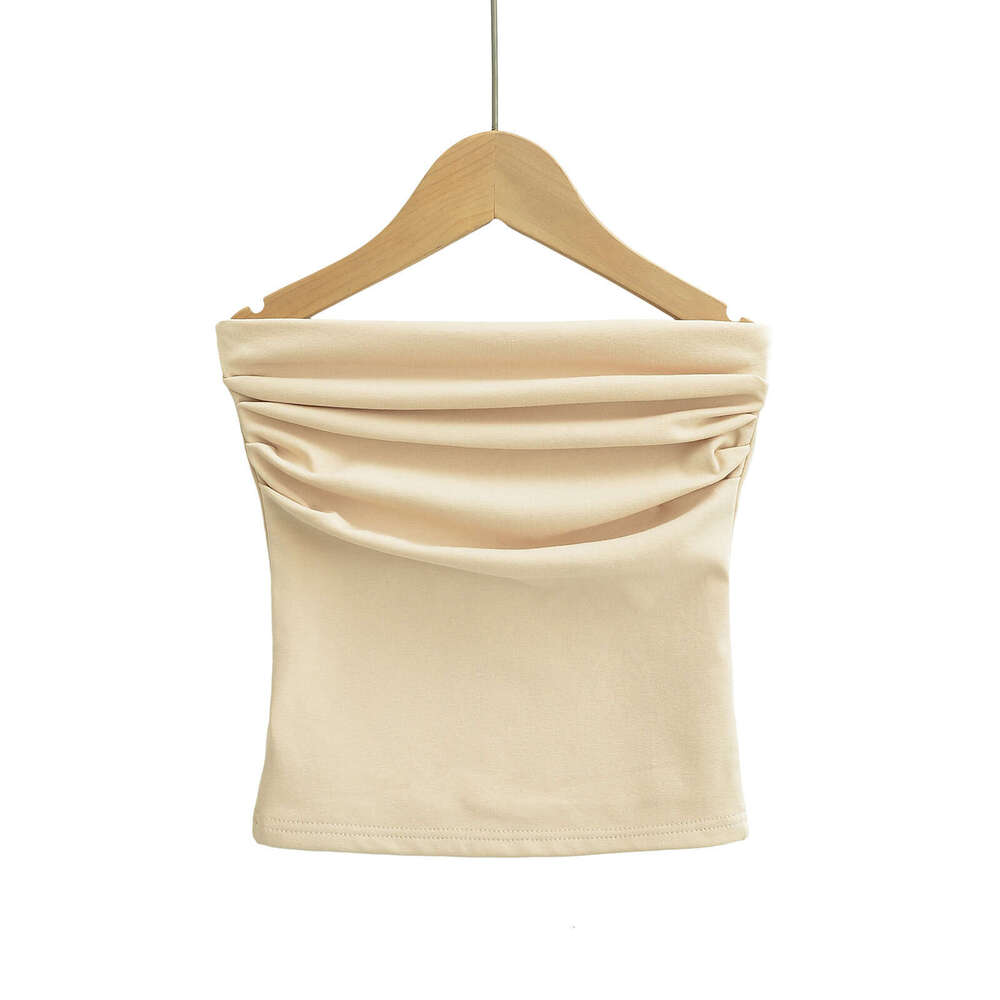 Spicy girl sexy pleated slim fit with a one neck chest hing vest, women's elastic tight short sleeved strapless vest top, 2024 versatile new tren