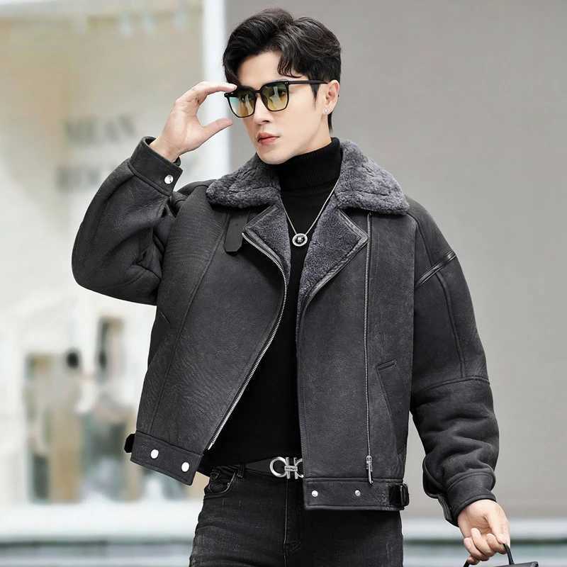 Tcyeek natural sheepskin coat mens motorcycle jacket winter wool real fur coat mens retro leather jacket loose W241213