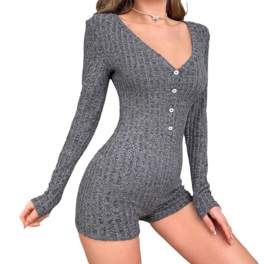 Women's 2024 long sleeved deep V-button for autumn and winter casual slim fit jumpsuit shorts