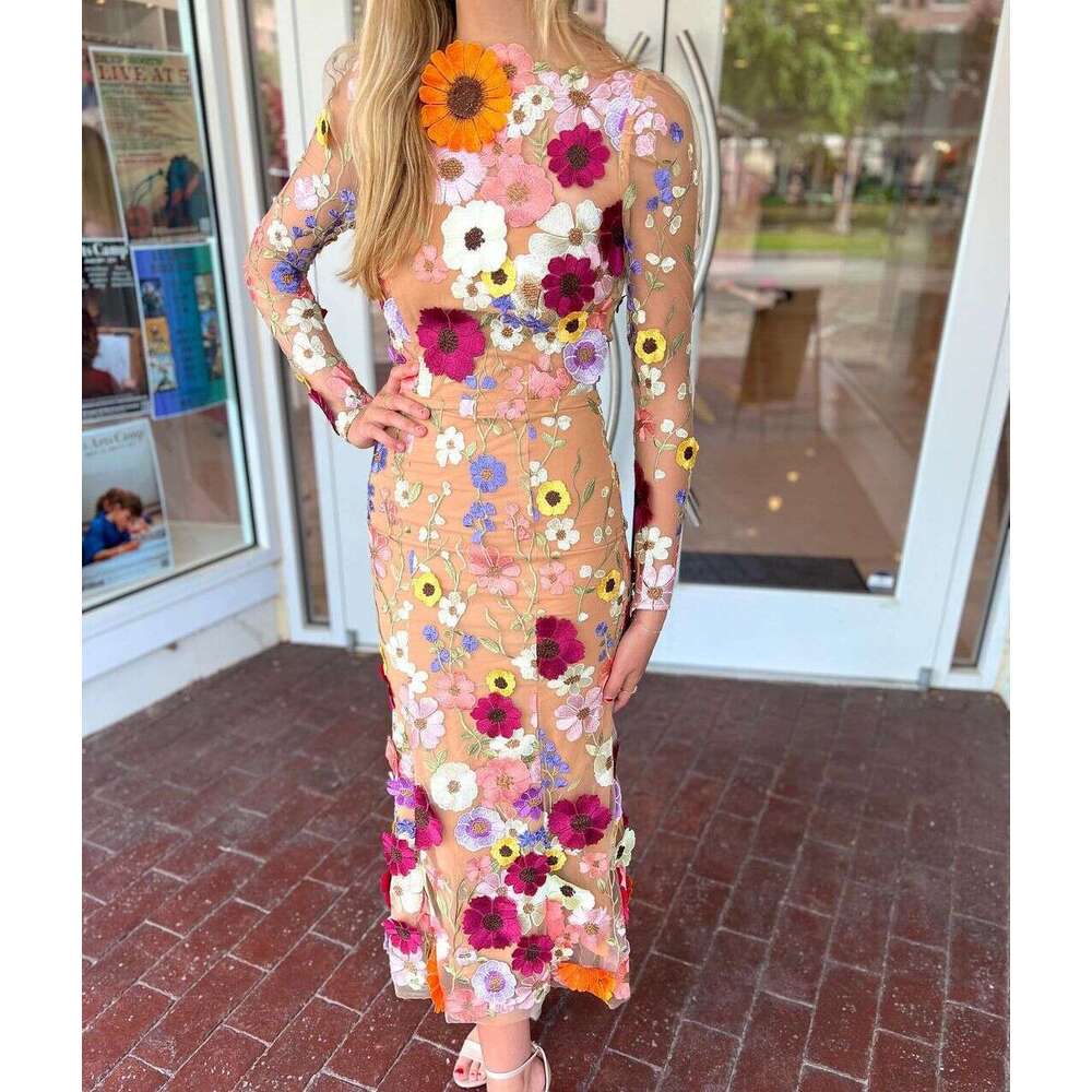 European American Spring And Summer Round Neck Colorful Three-Dimensional Wer Embroidery Mesh Slim Fit Hip Hing Fish Tail Dress Long Skirt