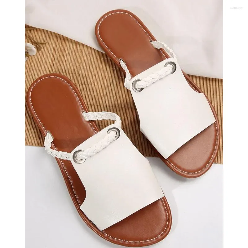 Slippers Fashion Eyelet Braided Strap Peep Toe Going Out Beach Flats Summer Pu Sandals Shoes zhanyishengli