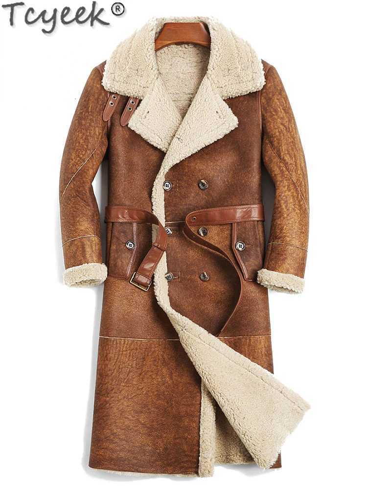 Tcyeek natural sheepskin jacket mens thick real fur coat mens long winter jacket mens clothing belt fashionable warm fur coat ultra-thin W241213