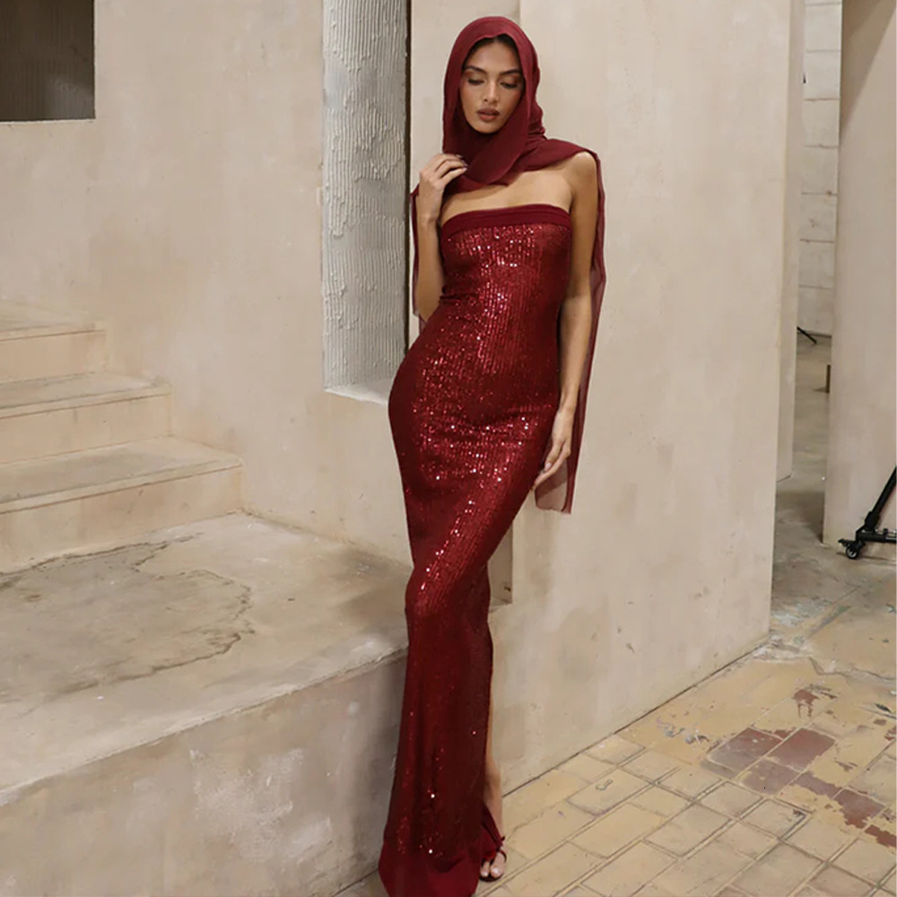 Designer Dress Fashionable And Sexy Spicy Girl Slim Fit Sequins High-end New Product Popular Backless Slit Strapless Dress