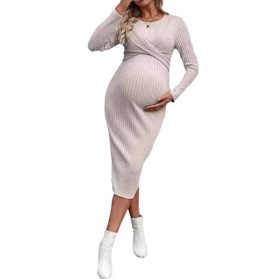 Materni Dress Fashion Pregnancy Clothes Long Sleeve Temperament Slim Solid Color Knit Maternities Dresses One-piece SkirtXJ241213