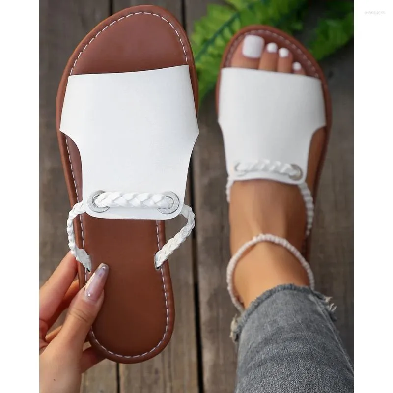 Slippers Fashion Eyelet Braided Strap Peep Toe Going Out Beach Flats Summer Pu Sandals Shoes zhanyishengli