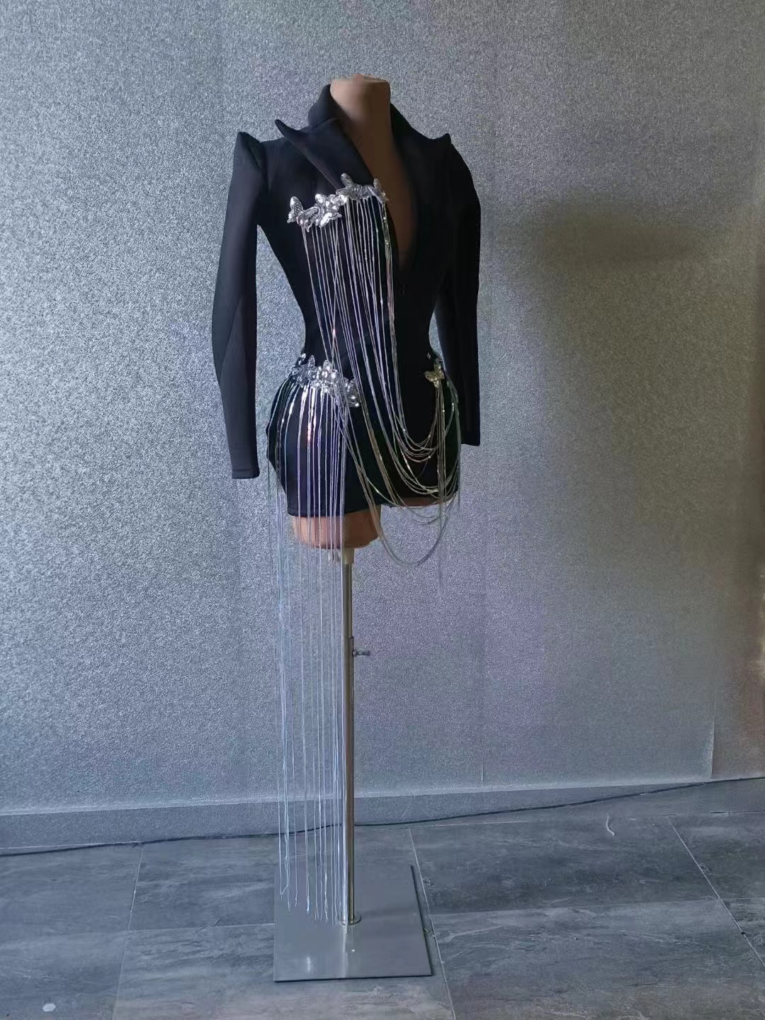 Collar Birthday Evening Party Nightclub Singer Flashing Tassels Chains Mini Dress Black Color Fashion Suit