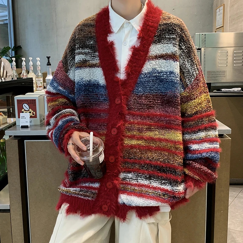 Autumn Japanese Loose Oversize Cardigan Sweater Male Korean Fashion Casual Contrast Color Mens Knit Winter Coats G106 241209