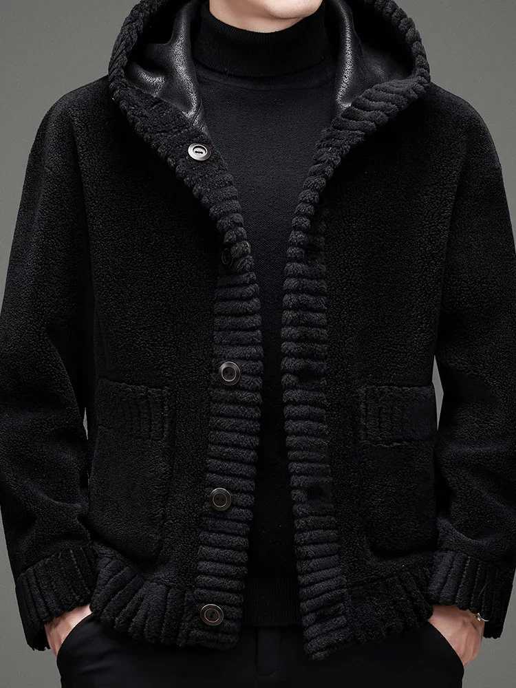 2024 Winter Mens New Sheep Wool Coat Mens Solid Warm Hooded Jacket Mens True Wool Coat F452 W241213