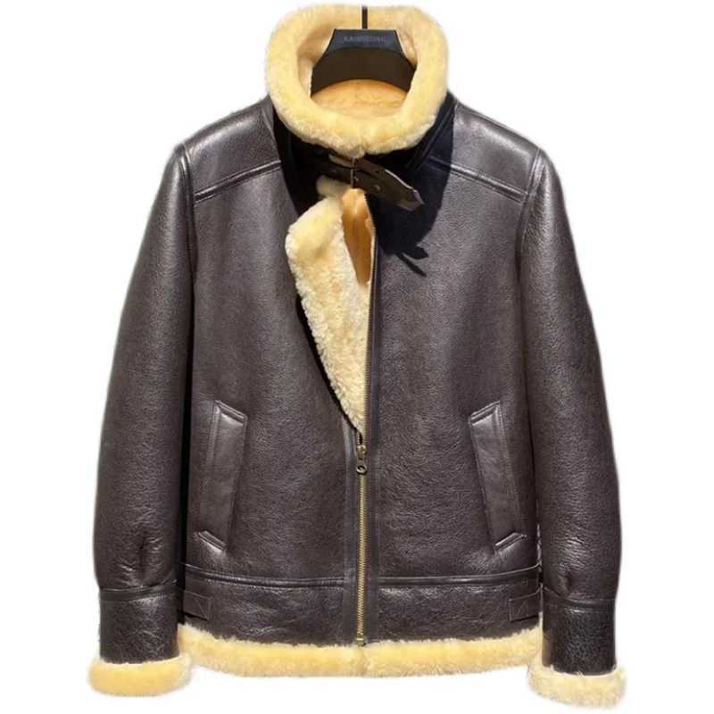 Thick winter natural fur coat mens clothing flight suit motorcycle jacket genuine leather sheepskin mens jacket Hombre W241213