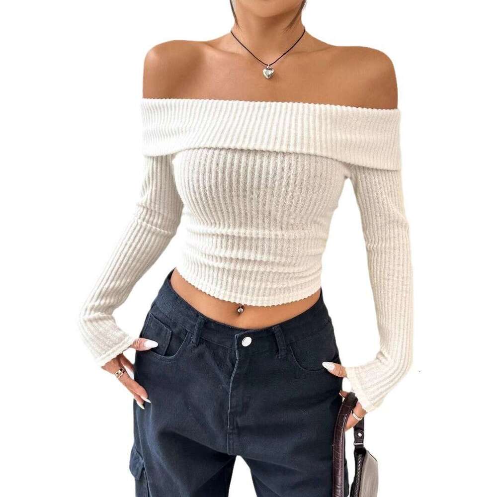 2024 Autumn European and American New Off Shoulder Short Long Sleeve Top y Spicy Girl One Neck Knitted Shirt