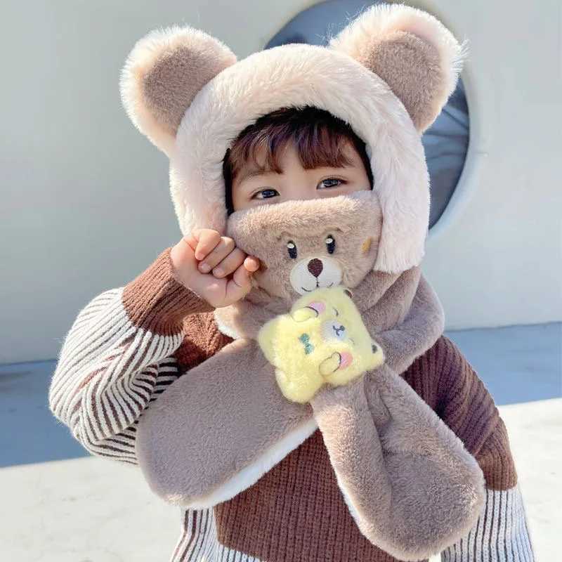 Winter childrens one-piece scarf cap+facial mask cute baby ear protective cap 1-6 year old childrens plush cross neck warm beans W241213