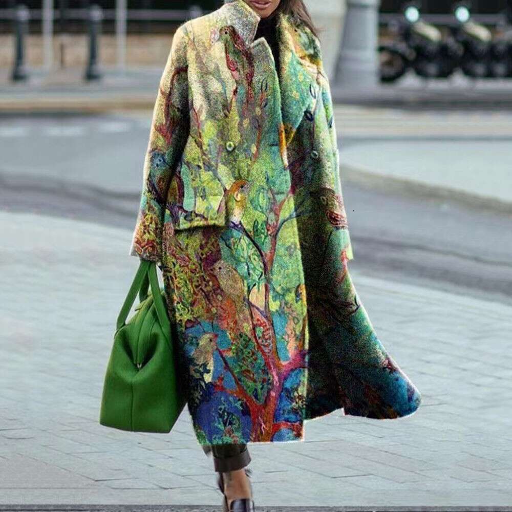 New European And American Autumn Cross Border Foreign Trade Women's Long Sleeved Printed With Collar Coat