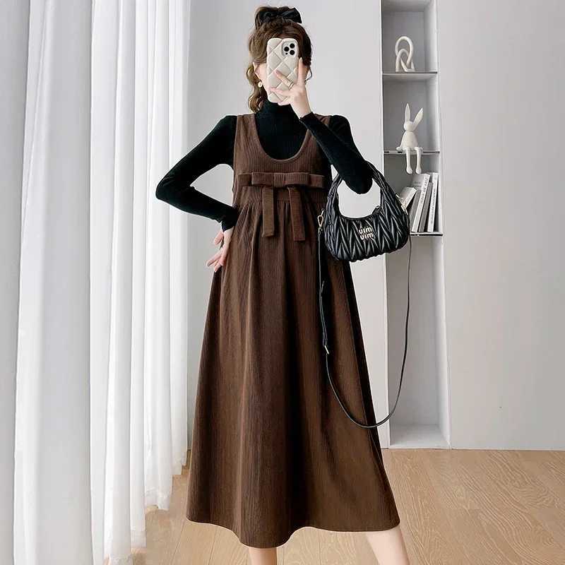 2025 Materni Sundress with Bowknot Sweet Pregnant Woman Corduroy Tank Dress Plus Size Sleeveless Pregnancy DressXJ241213