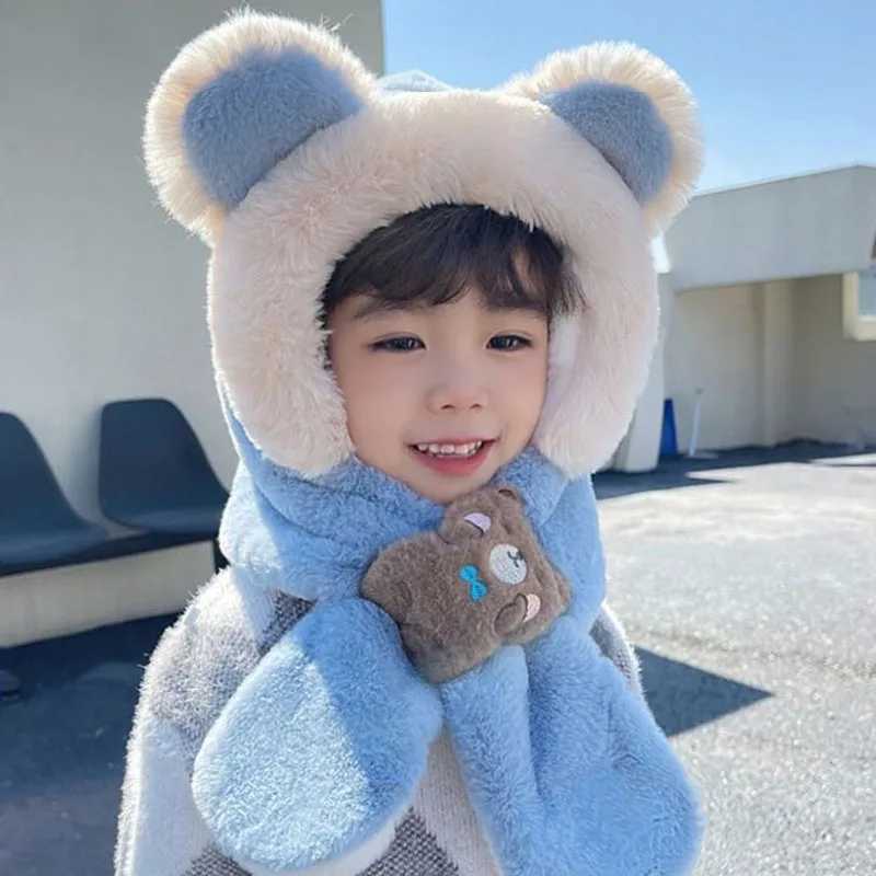 Winter childrens one-piece scarf cap+facial mask cute baby ear protective cap 1-6 year old childrens plush cross neck warm beans W241213