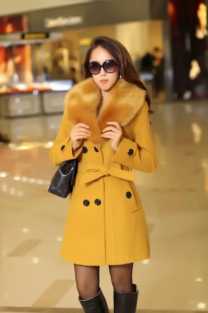 Mid Length Wool Coats Women Fur Collar Splice Blends Korean Full Sleeve Double Breasted Lace Up Belt Thick Warm Winter Jackets 241214