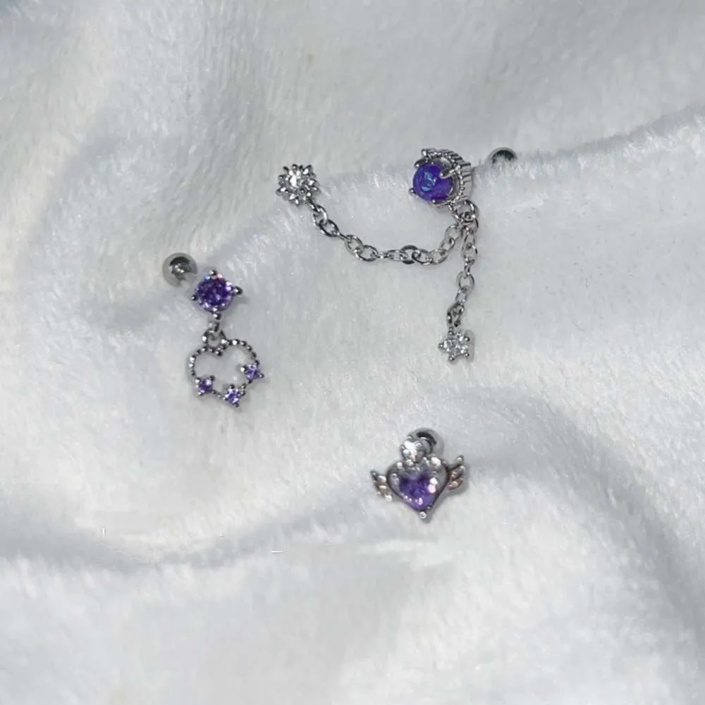 1PC Purple Zircon Helix Piercing Harajuku Girl Earring Cartilage Ear Stud Flat Conch Piercing Body Jewelry Korean Fashion 241214