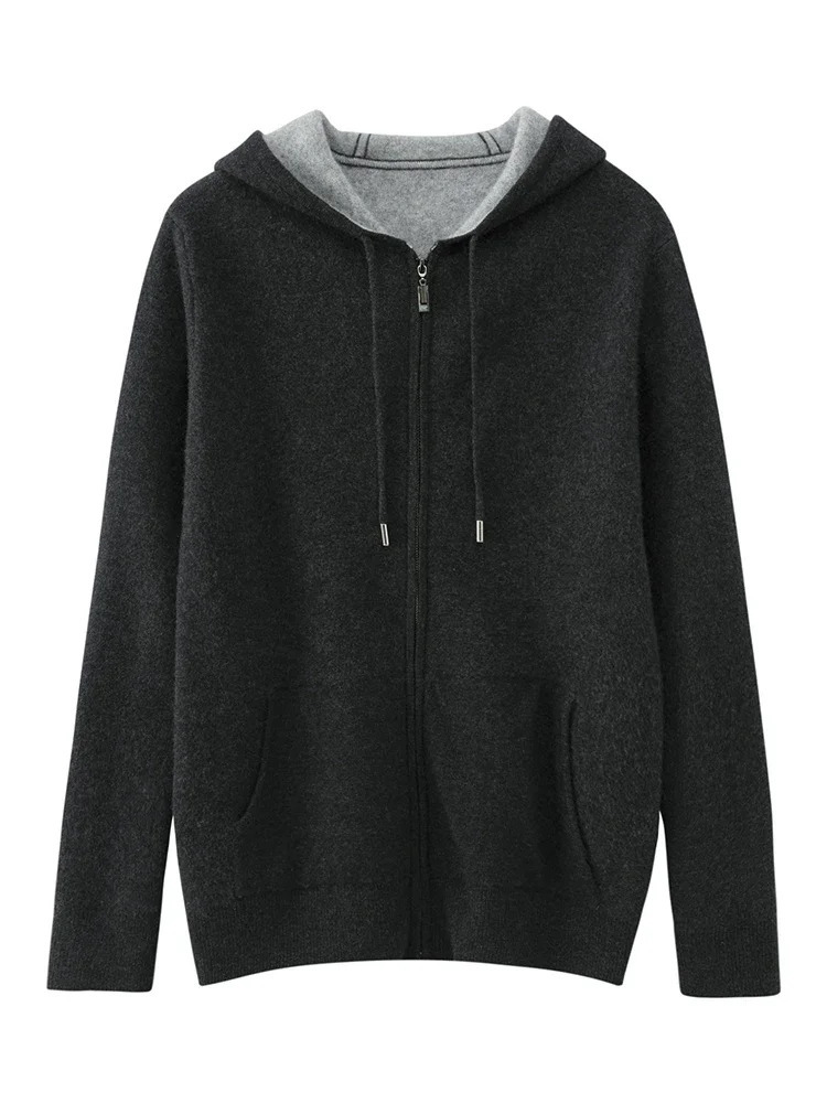High Quality Autumn Winter Men Hooded Cashmere Sweater Long Sleeve Casual Loose Pullover 100% Merino Wool Knitwear Korean Tops 241209