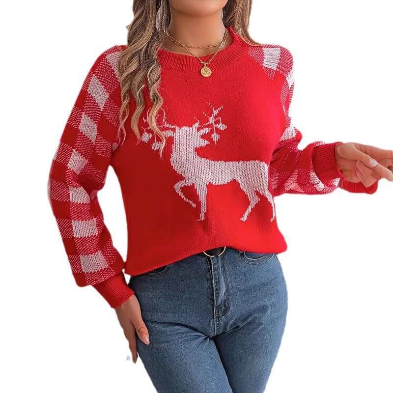 2024 Autumn/Winter New European and American Christmas Knitwear Women's Casual Checkered Elk Long Sleeve Hooded Sweater Women